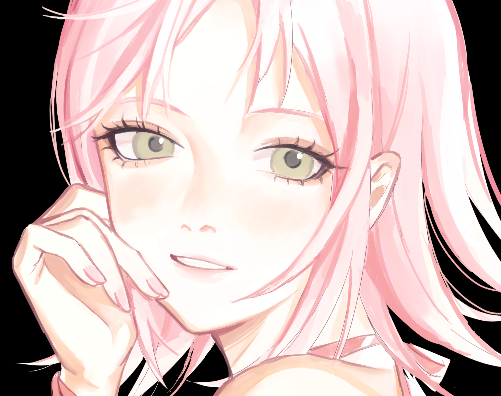 HD anime desktop wallpaper featuring Sakura Haruno from Naruto, showcasing her soft expression and signature pink hair against a black background.