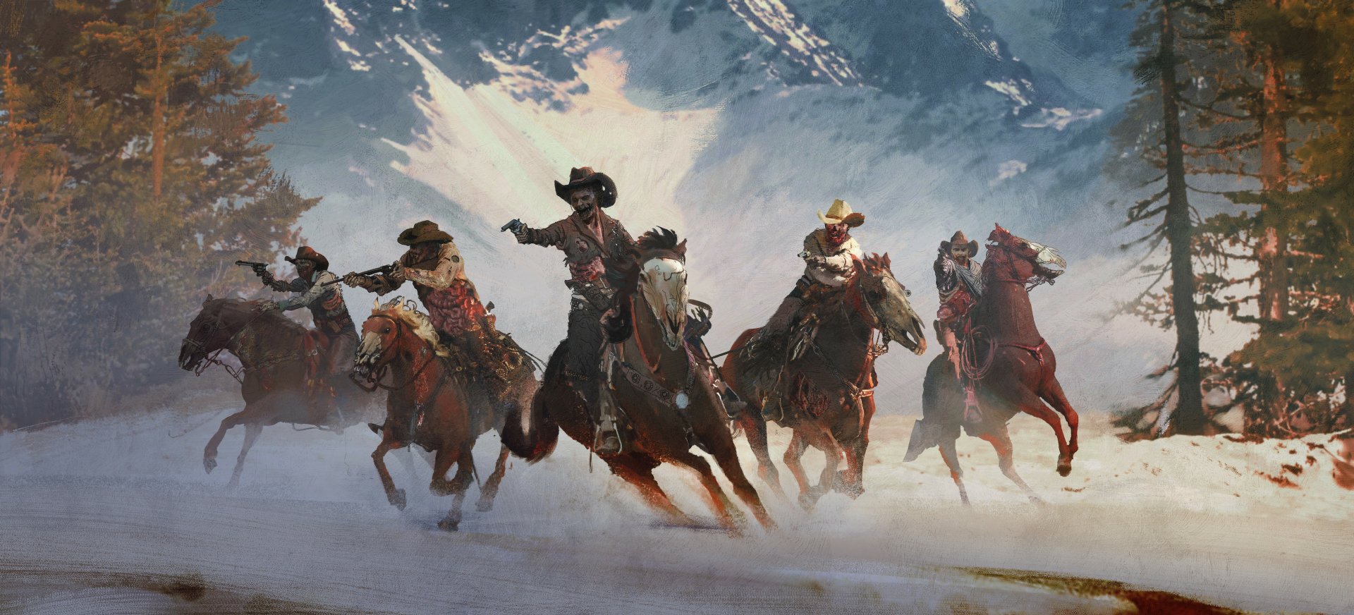 HD desktop wallpaper depicting a dark Western scene with cowboys on horseback emerging from a misty, eerie landscape with zombie-like figures.