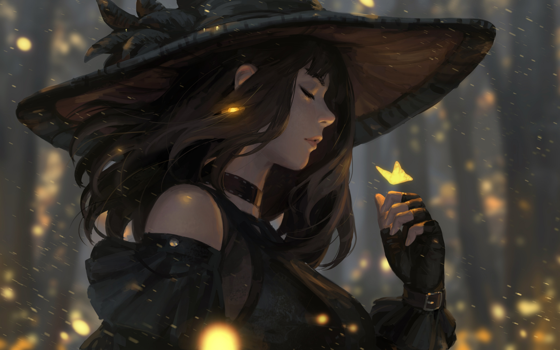 A fantasy HD wallpaper featuring a woman in a witch hat, gently holding a glowing butterfly, surrounded by magical light particles against a misty forest backdrop.