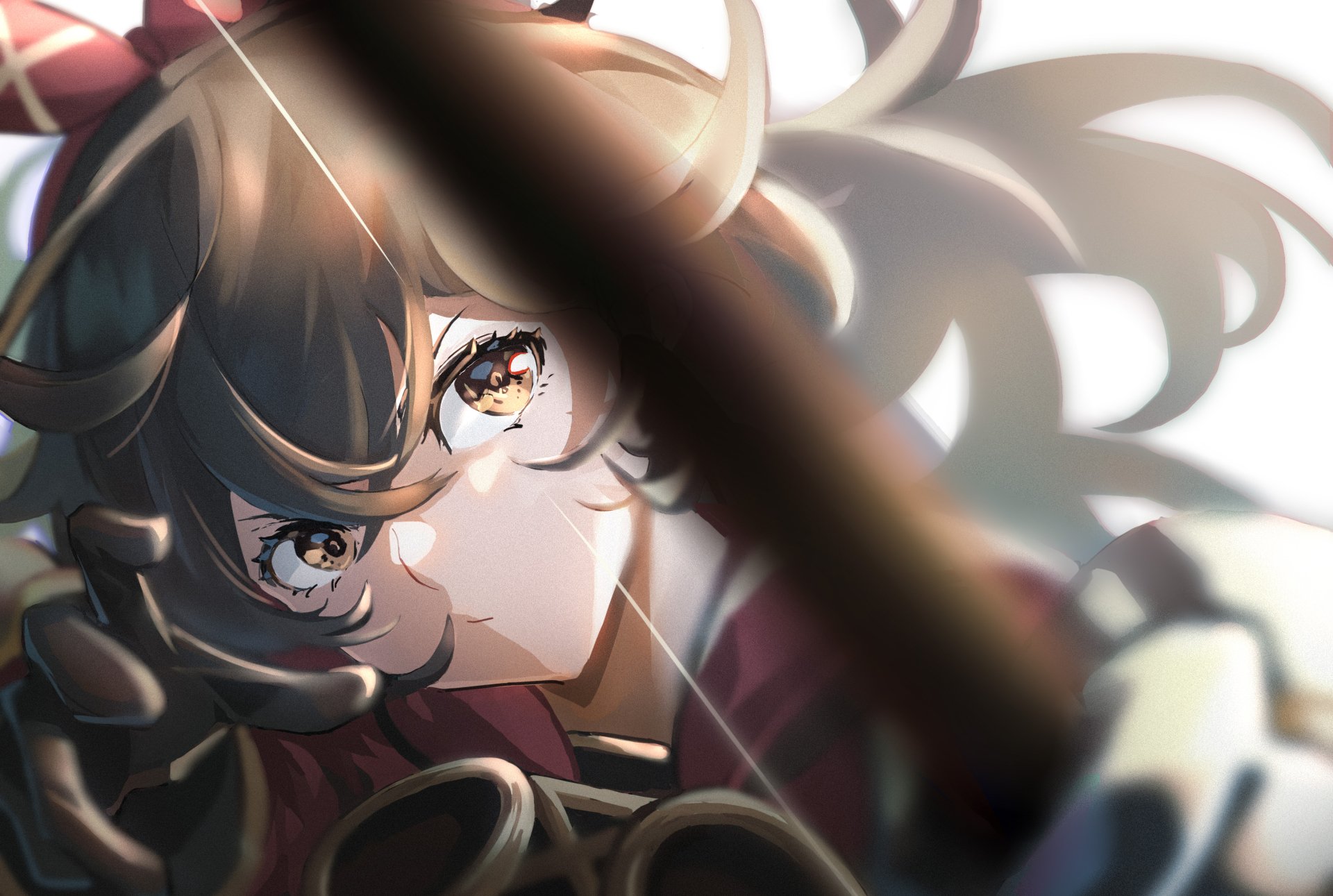 HD desktop wallpaper featuring Amber from the video game Genshin Impact, showing an intense close-up of Amber with her bow.