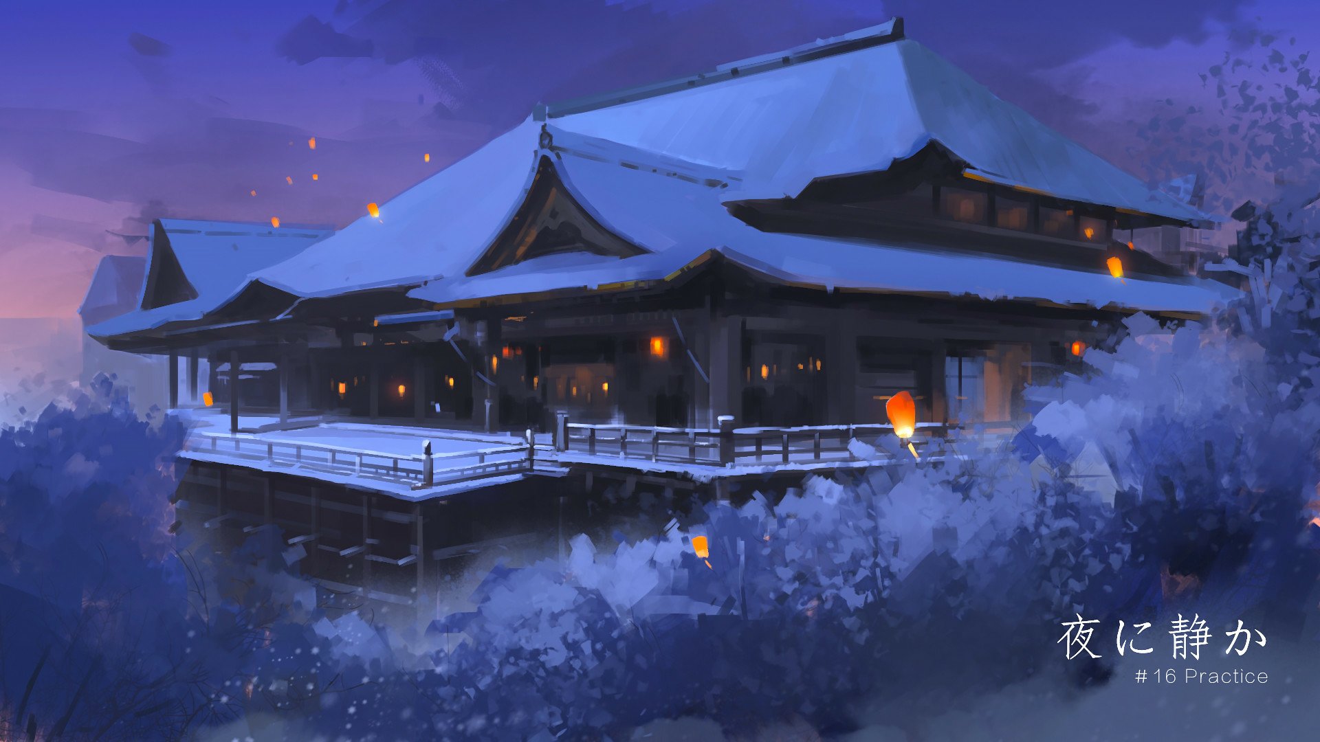 HD anime desktop wallpaper depicting a traditional Japanese temple covered in snow during winter night, with softly glowing lanterns and a serene atmosphere.