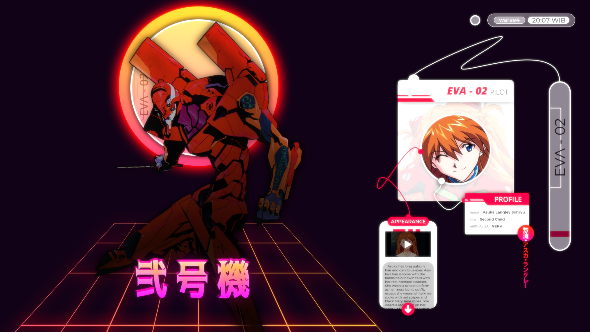 HD anime desktop wallpaper featuring Evangelion Unit-02 with pilot Asuka Langley Sohryu from Neon Genesis Evangelion, set against a neon grid and glowing red moon background.