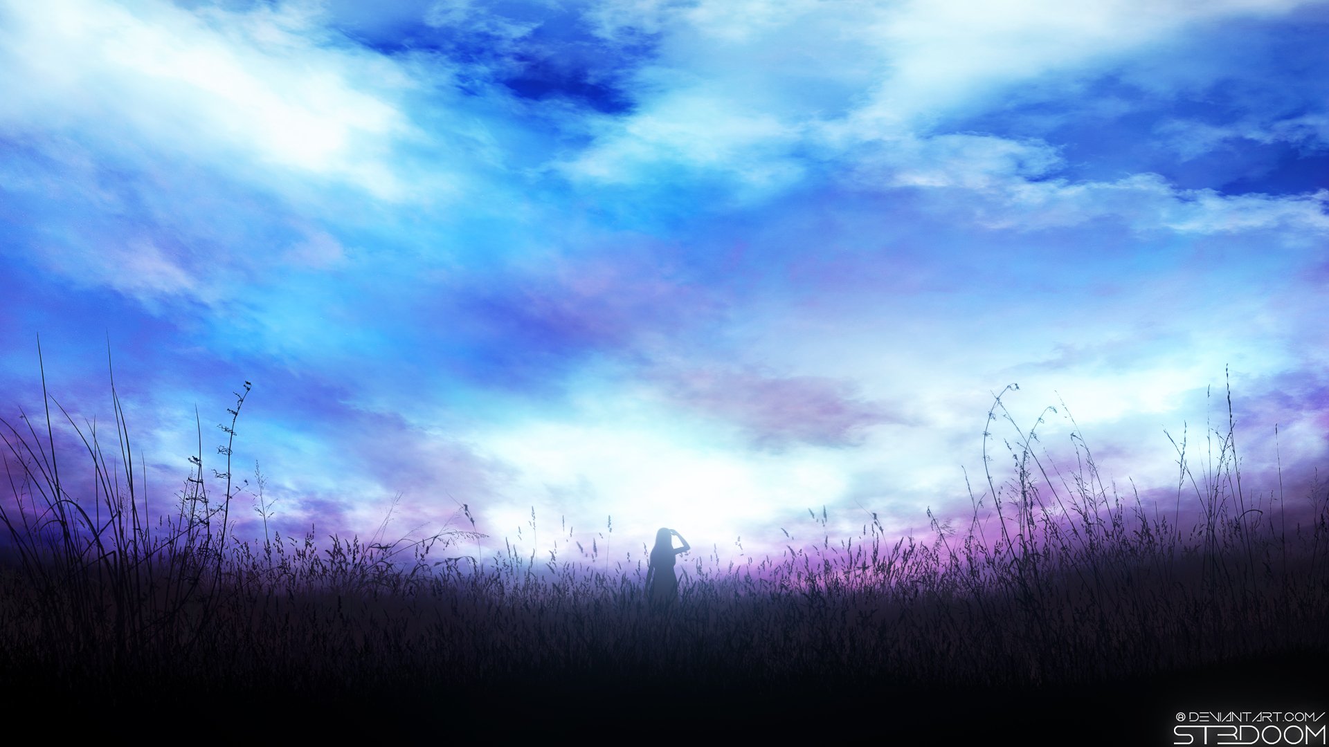 Anime-style 4K Ultra HD desktop wallpaper featuring a vibrant, expansive sky above silhouetted grass and a lone figure in an atmospheric, tranquil setting.