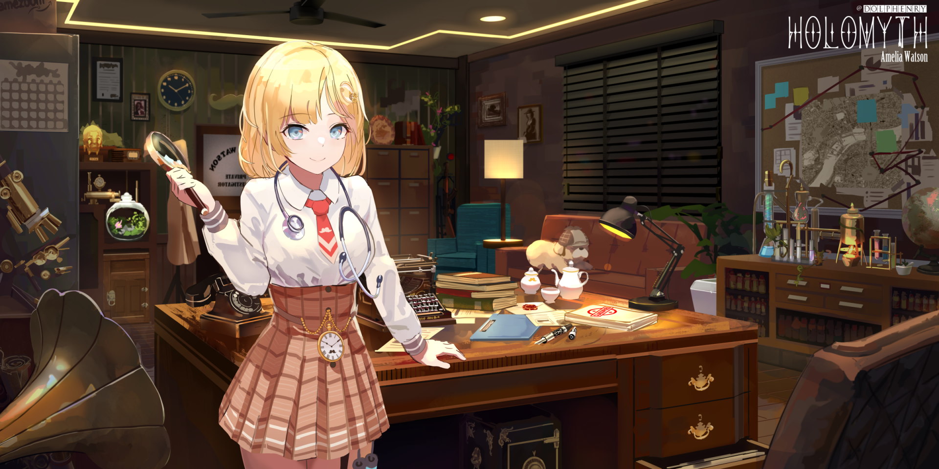 HD PC desktop wallpaper featuring Watson Amelia, an anime-style Virtual YouTuber, in a detailed detective office setting.