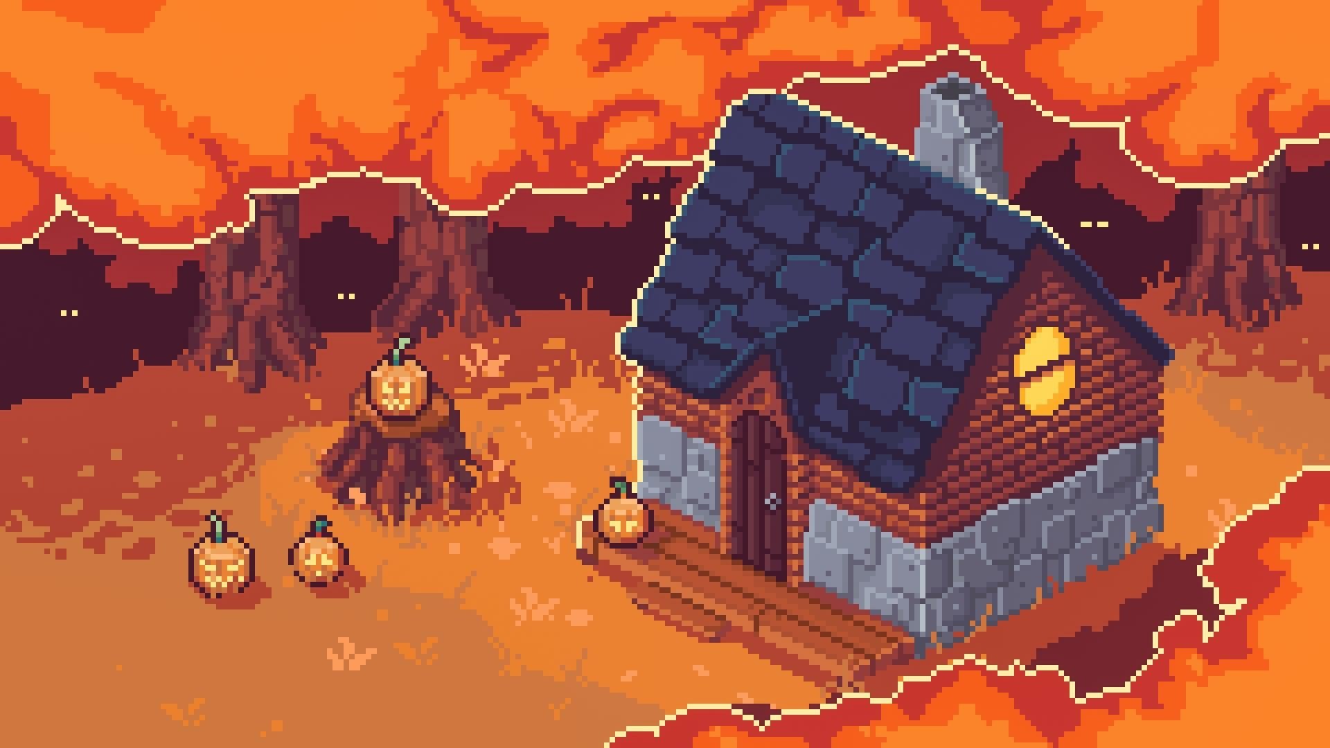 Artistic pixel art of a cozy cabin amid autumn trees under an orange sky, designed as an HD PC desktop wallpaper and background.