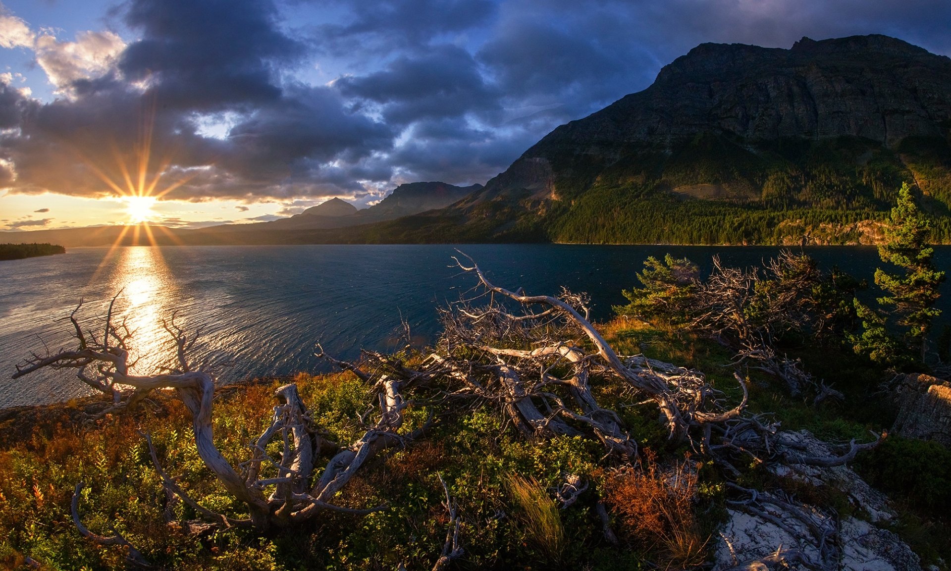 Download Rocky Mountains Montana Saint Mary Lake Glacier National Park Dawn Sunrise Lake Mountain Nature Sunbeam HD Wallpaper