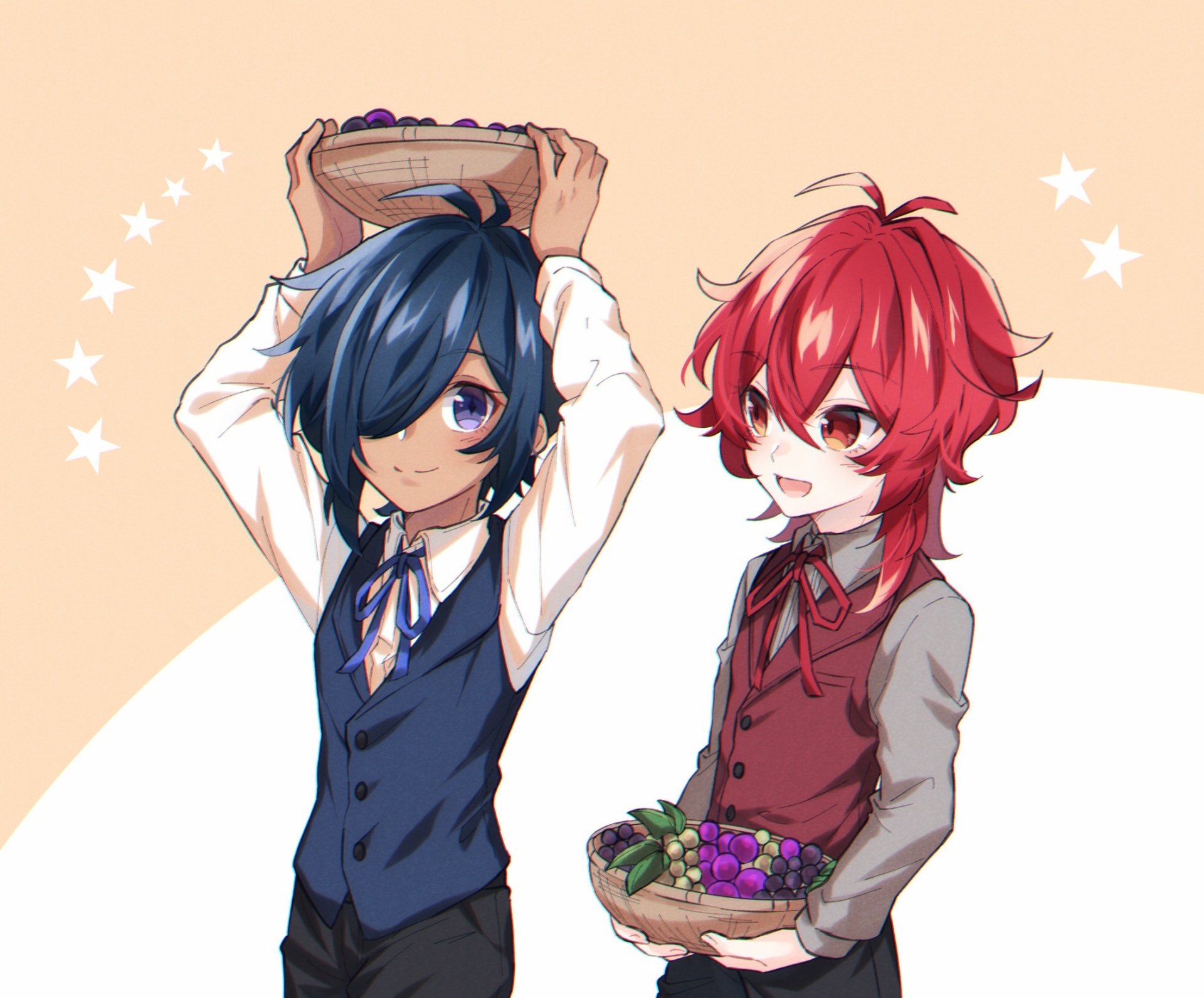 HD desktop wallpaper featuring Diluc with red hair and Kaeya with blue hair and an eye patch from the video game Genshin Impact, set against a light, starry background.