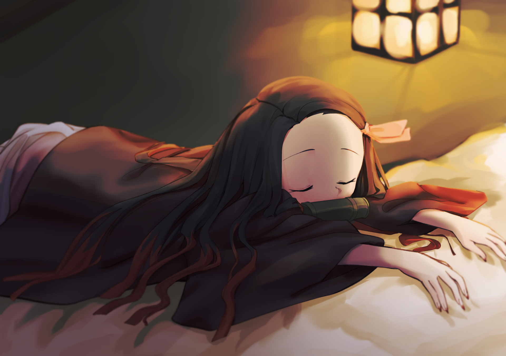 HD PC desktop wallpaper featuring Nezuko Kamado from the anime Demon Slayer: Kimetsu no Yaiba, depicted peacefully resting with soft lighting in a warm atmosphere.