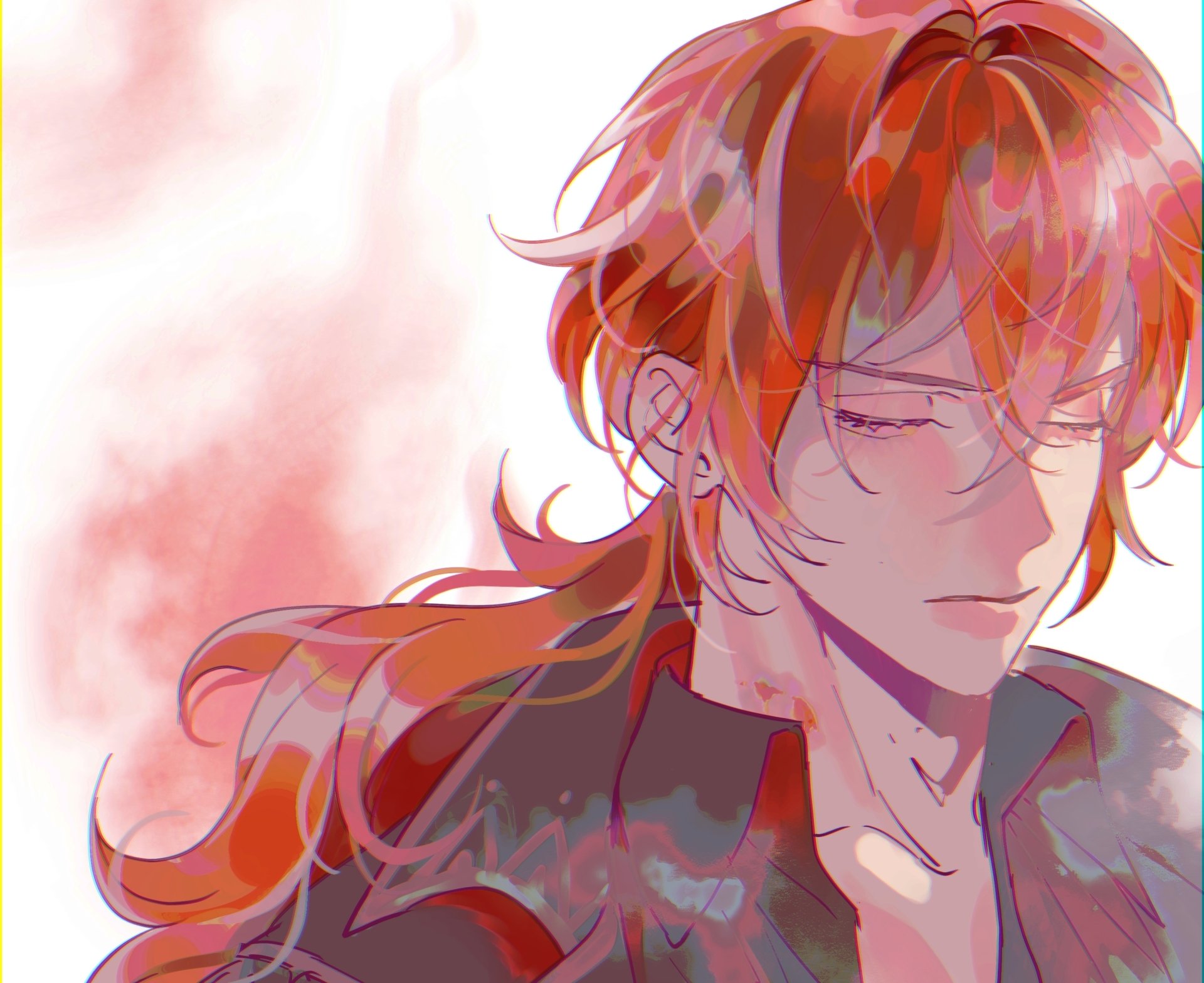 HD PC desktop wallpaper featuring Diluc from the video game Genshin Impact, showcasing his red hair and pensive expression in a soft, artistic style.