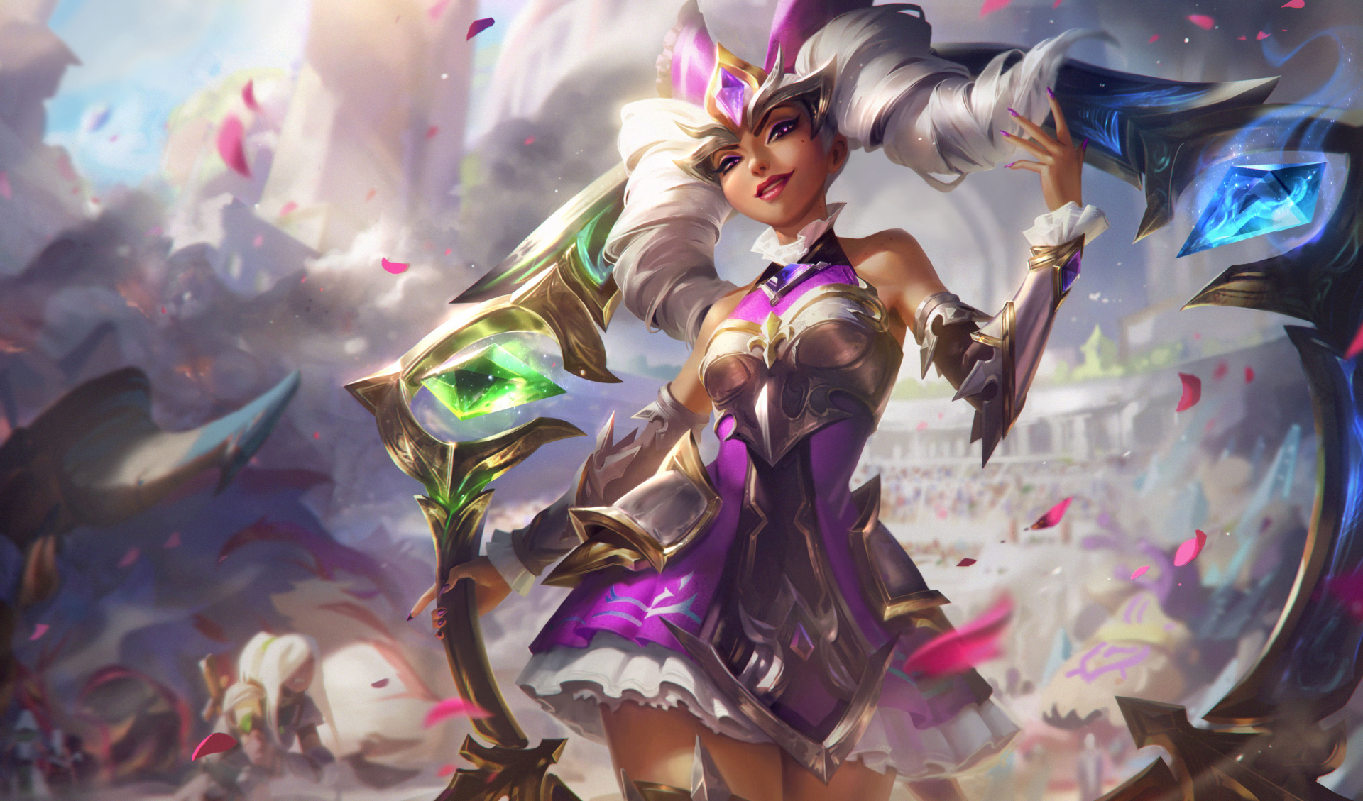Qiyana (League of Legends) in ornate purple battle outfit, wielding jeweled elemental blades amid falling petals and a ruined arena — 2K Quad HD PC desktop wallpaper/background.