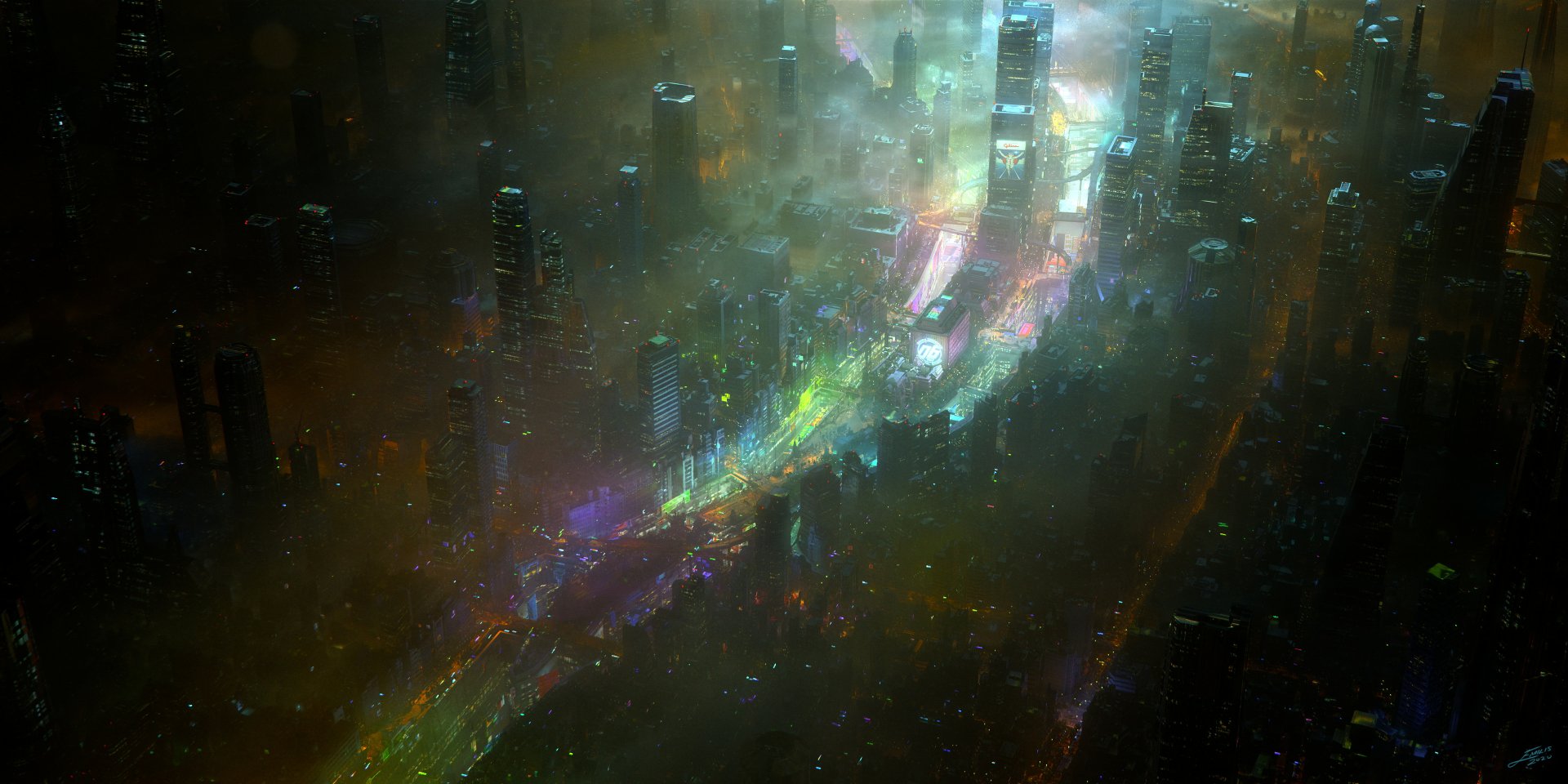 Futuristic sci-fi cityscape with towering buildings and glowing neon lights, creating a vibrant, atmospheric HD PC desktop wallpaper background.