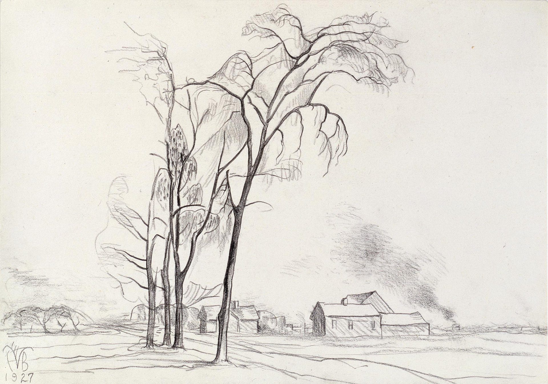 Artistic pencil-sketch landscape: tall bare trees in the foreground, distant farmhouse and barn across open fields under soft clouds — HD PC desktop wallpaper and background.