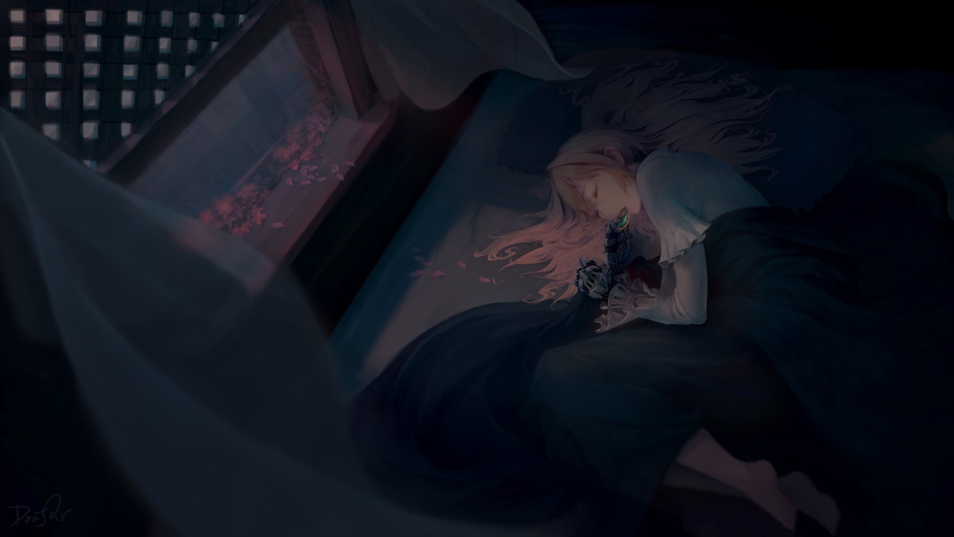 2K Quad HD PC desktop anime wallpaper of blonde Violet Evergarden sleeping, curled on a dark bed as moonlight filters through a window and casts soft shadows.