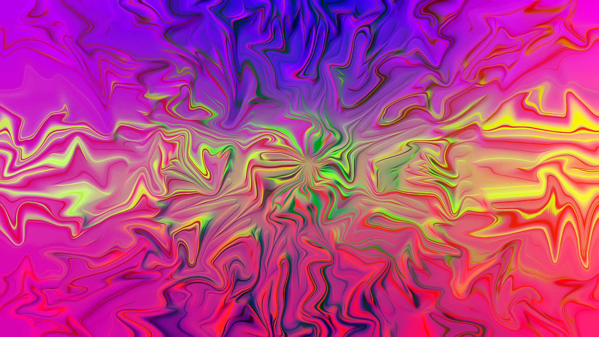Colorful abstract HD PC desktop wallpaper: neon pink, purple, yellow and green swirls radiate from a marbled center in a vivid, fluid pattern.