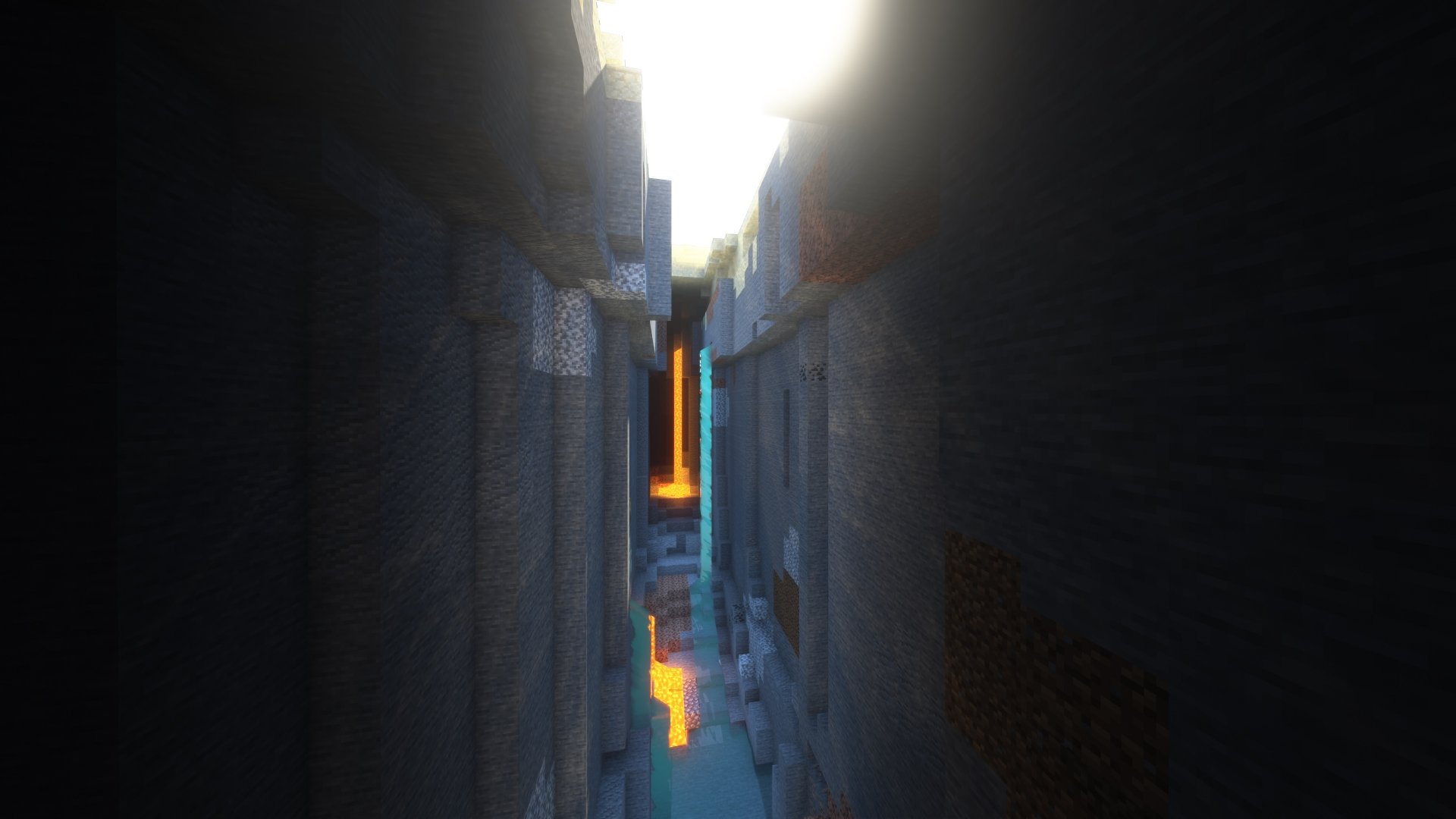 4K Ultra HD Minecraft wallpaper depicting a deep, narrow ravine illuminated by bright sunlight with flowing lava at the bottom, showcasing the game's iconic blocky textures.