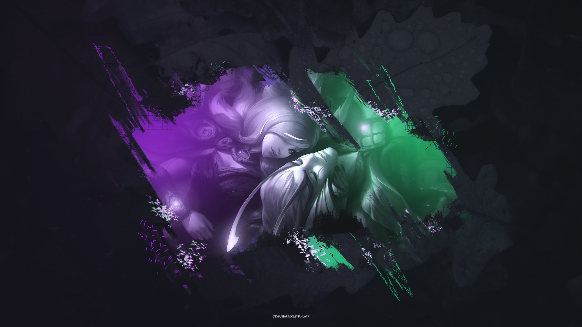 4K Ultra HD PC wallpaper of League of Legends duo Rakan and Xayah, stylized purple and green paint-splatter silhouettes on a dark background, video game artwork.