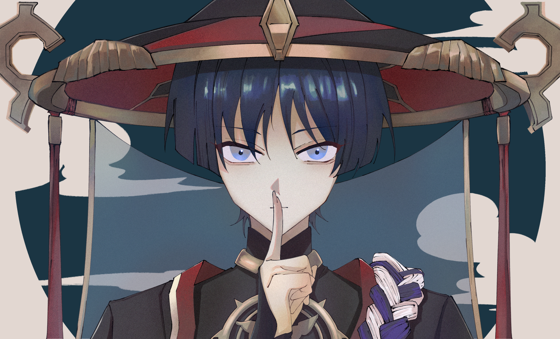 HD PC desktop wallpaper featuring Scaramouche from the video game Genshin Impact, showcasing his detailed attire and intense expression against a cloudy sky background.