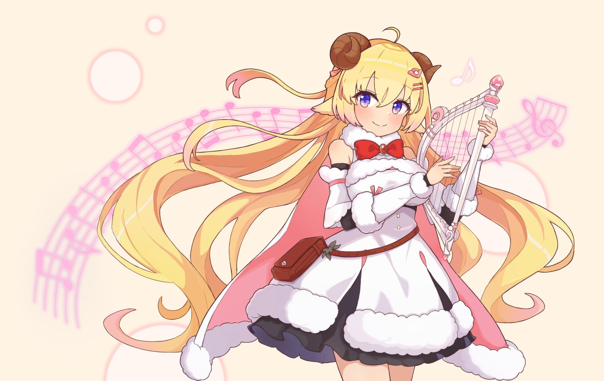 Tsunomaki Watame (hololive) anime Virtual YouTuber portrait in fluffy white and pink outfit, holding a harp, long blonde hair and sheep horns — 2K Quad HD PC desktop wallpaper/background.