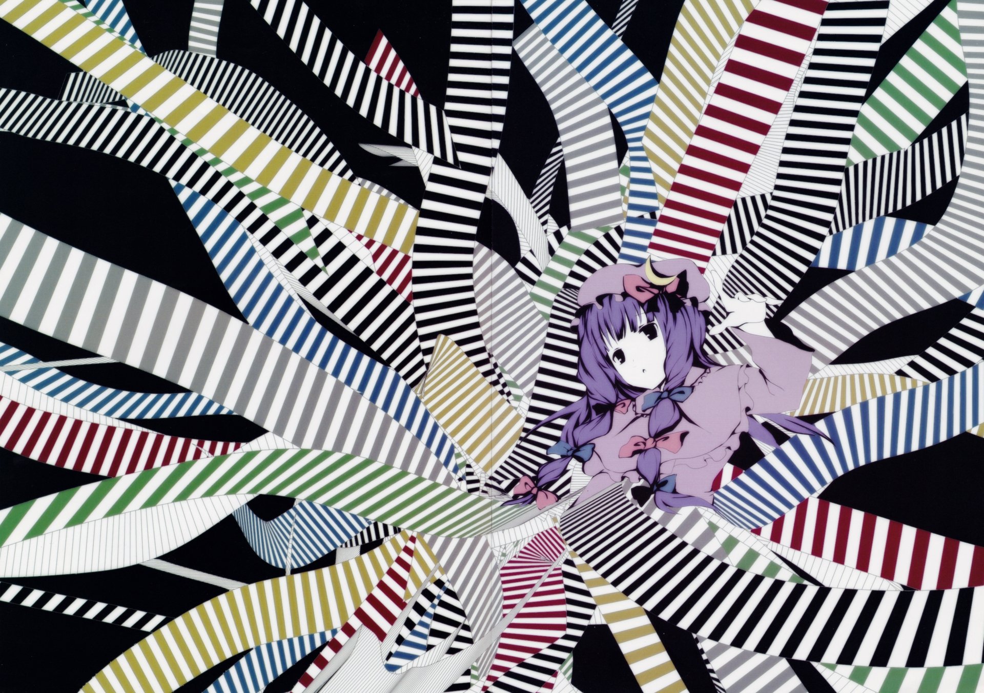 8K Ultra HD PC desktop wallpaper of Patchouli Knowledge (Touhou): purple-haired anime girl in frilly dress surrounded by radiating multicolored striped ribbons on a black background.