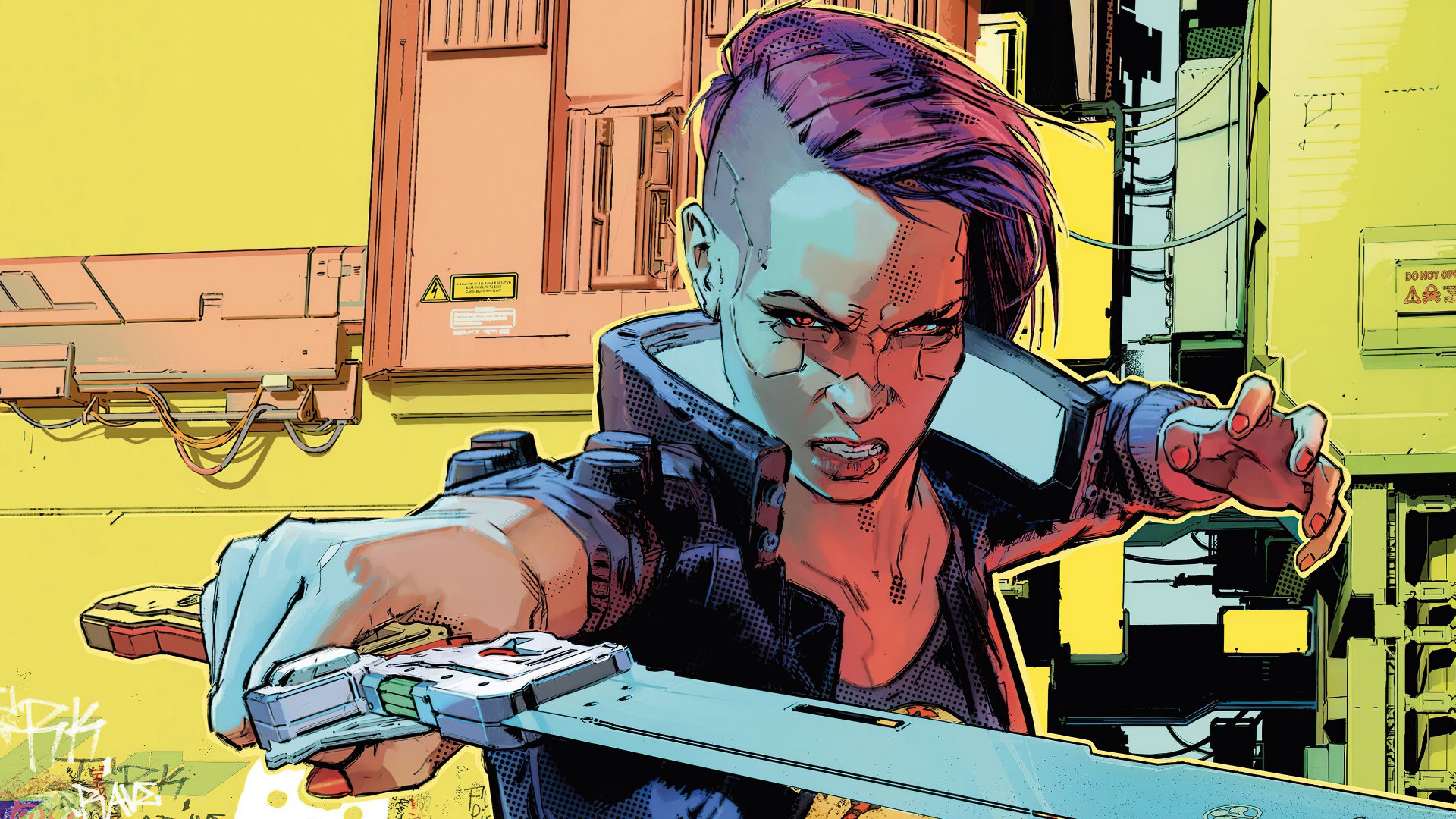 Cyberpunk 2077 video game 4K Ultra HD PC desktop wallpaper: purple‑haired, shaved‑side character brandishing a sword and pistol against a neon industrial city backdrop.