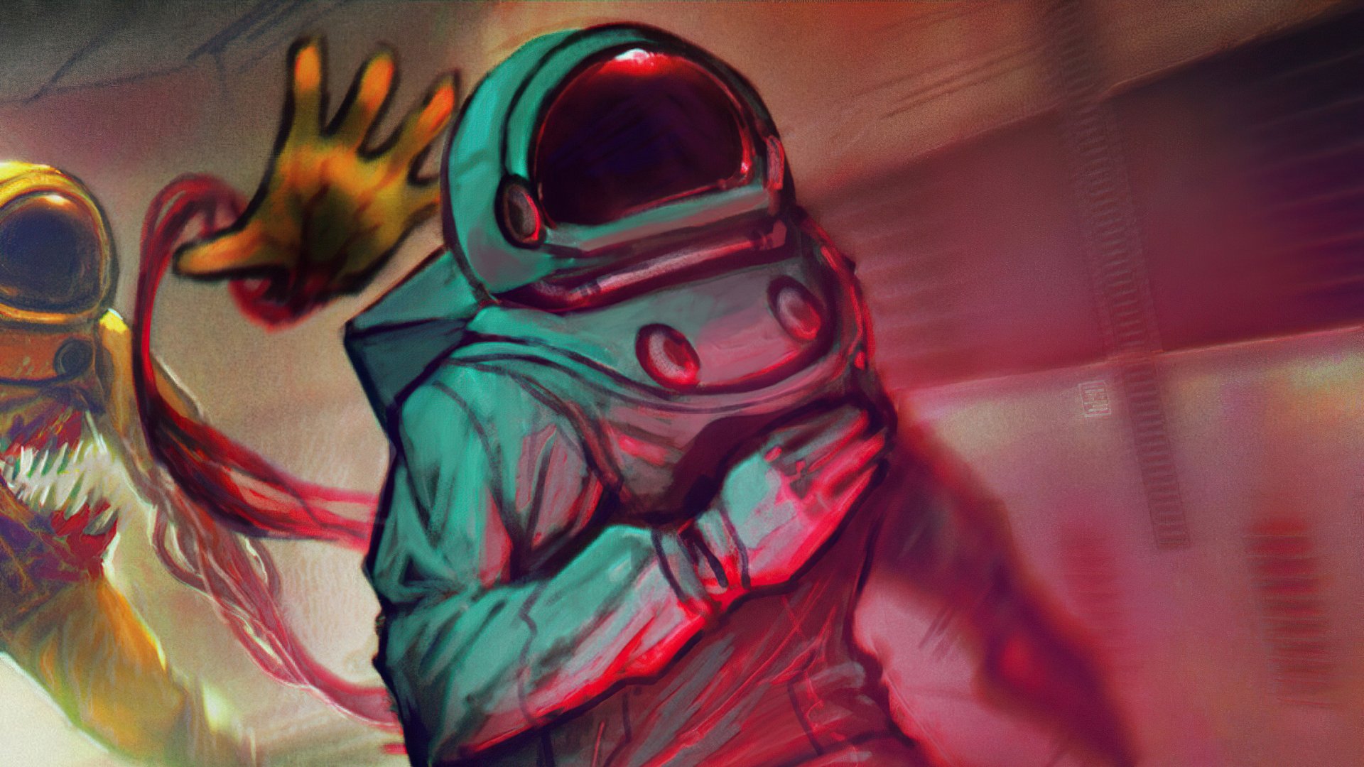 Stylized Among Us crewmate in a teal helmet clutching its chest as a ghostly yellow hand reaches from behind — painterly video game 4K Ultra HD PC desktop wallpaper and background.