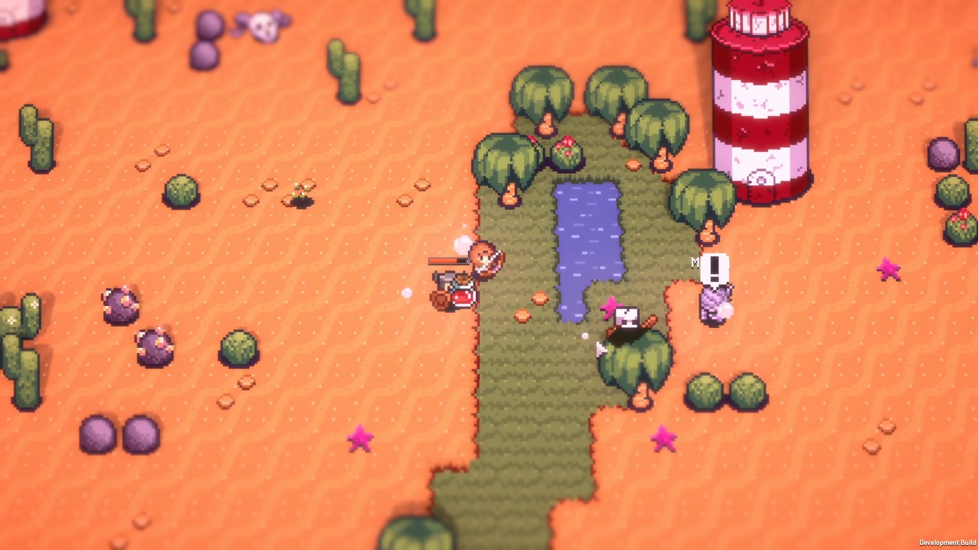 HD desktop wallpaper of Tinkertown game featuring a character near a lighthouse and pond amidst an orange pixelated landscape.