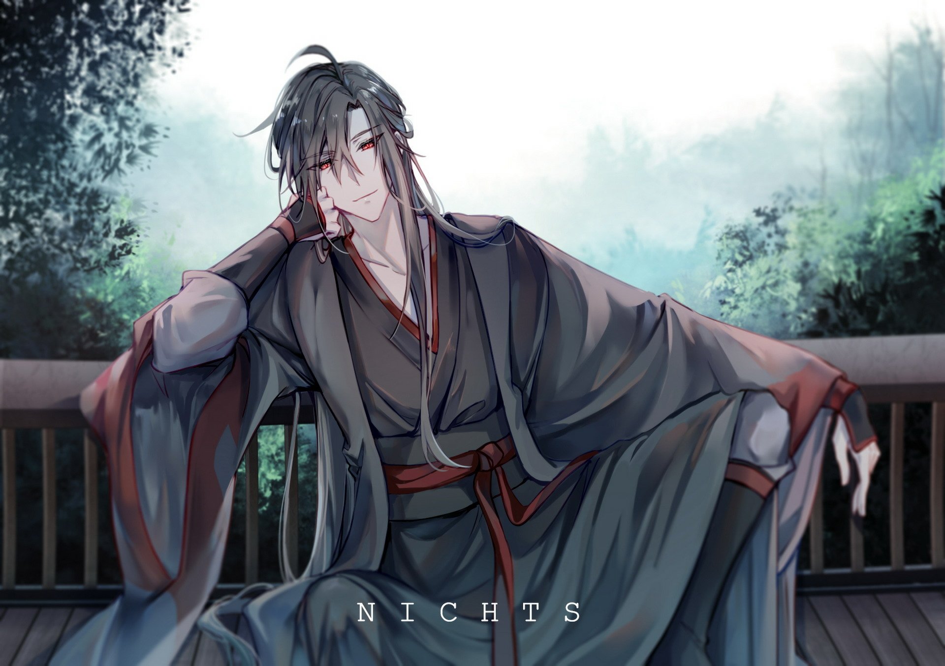 HD PC desktop wallpaper of Wei Wuxian (Mo Dao Zu Shi), anime portrait reclining on a wooden railing in dark robes with long black hair against a misty forest background.