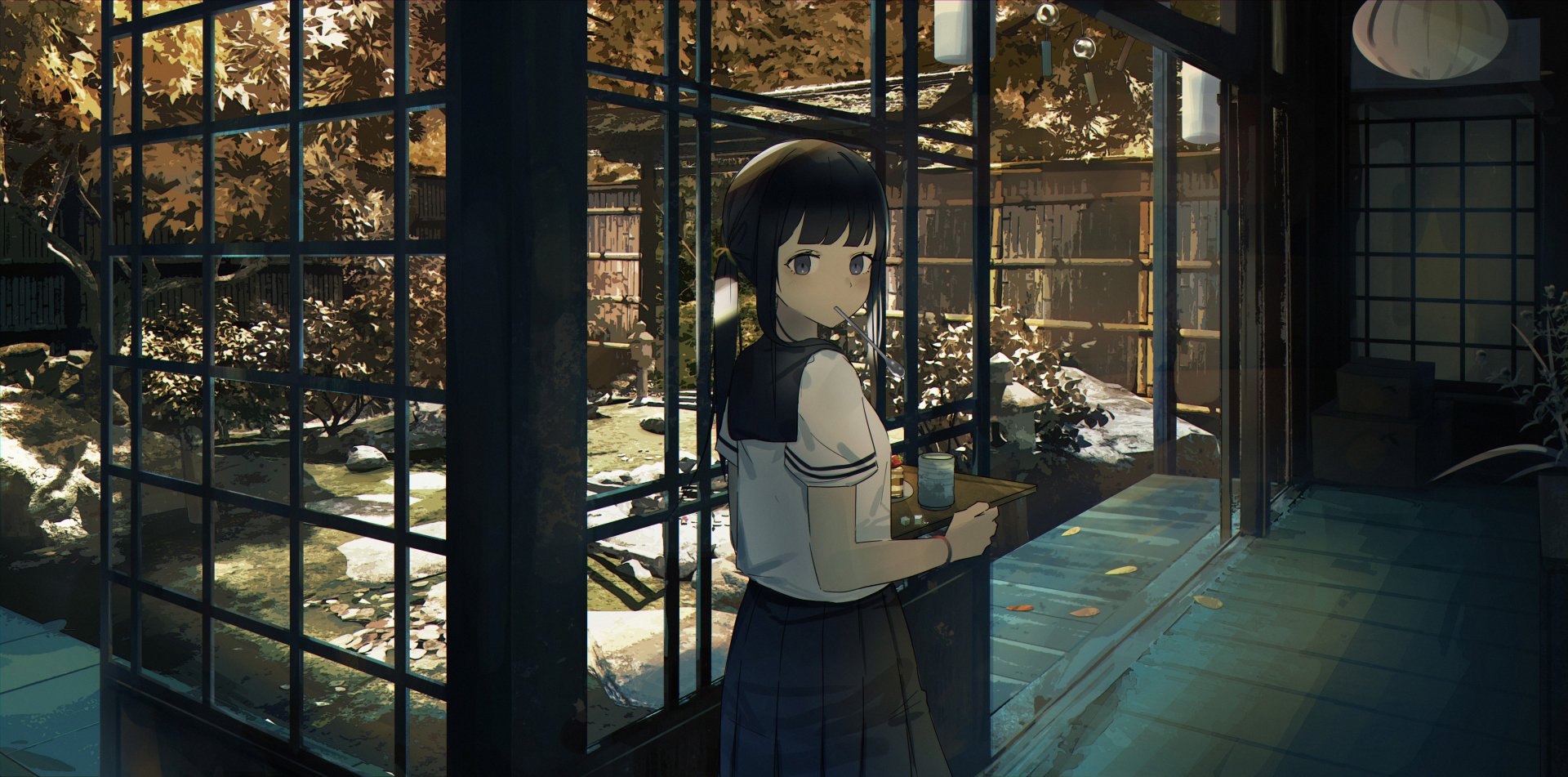 A 4K Ultra HD anime girl with black hair stands inside a traditional Japanese building, gazing outside at an autumn garden through large glass windows.
