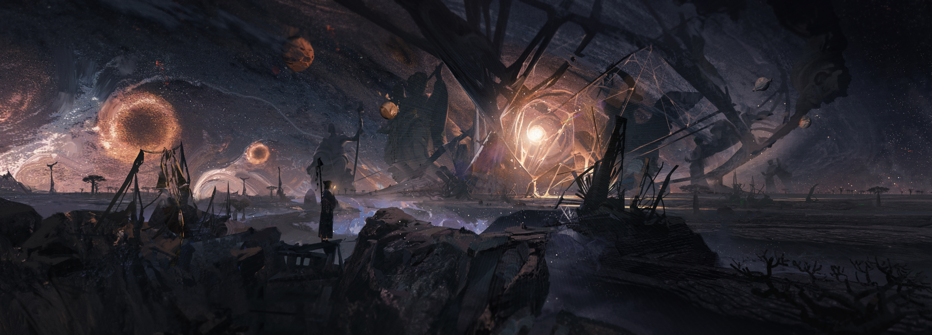 A dark fantasy landscape with twisted structures and glowing orbs under a celestial sky, rendered in high-definition for a PC desktop wallpaper background.