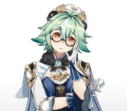 HD PC desktop wallpaper of Sucrose from the video game Genshin Impact, featuring her with green hair, orange eyes, and wearing her alchemist outfit.