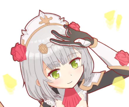 HD PC desktop wallpaper featuring Noelle from the video game Genshin Impact, showcasing her bright green eyes and detailed outfit with red flower accents.