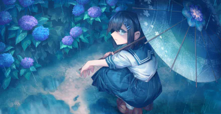 umbrella hydrangea school uniform Anime girl rain anime girl Rain Anime HD Desktop Wallpaper | Background Image