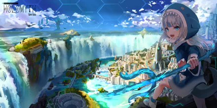 HD desktop wallpaper featuring Gawr Gura from Hololive's Holomyth, posing with a trident over a fantastical cityscape with waterfalls.