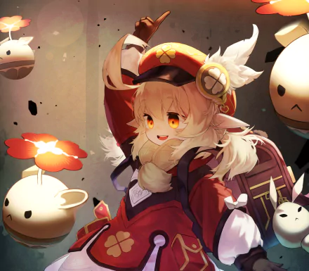 HD desktop wallpaper featuring Klee, a character from the video game Genshin Impact, with a joyful expression surrounded by floating creatures and magical elements.