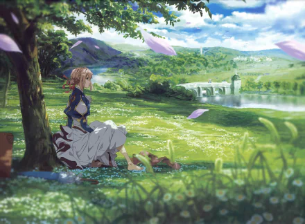 An HD desktop wallpaper featuring Violet Evergarden, an anime character, sitting under a tree in a peaceful, scenic landscape with a bridge and pink petals in the air.