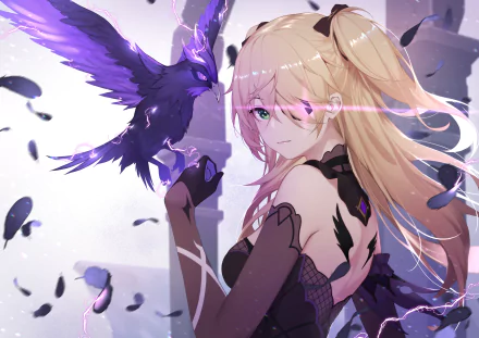 HD desktop wallpaper featuring Fischl from Genshin Impact. She has long blonde hair, green eyes, and wears an eye patch. She's depicted with a mystical raven, surrounded by dark feathers in a captivating scene.