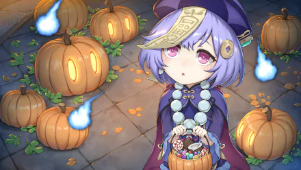Qiqi from Genshin Impact in a Halloween-themed 4K Ultra HD PC wallpaper, surrounded by glowing pumpkins and ghostly blue flames in a festive video game scene.