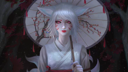 umbrella animal ears pink eyes white hair fantasy woman HD Desktop Wallpaper | Background Image