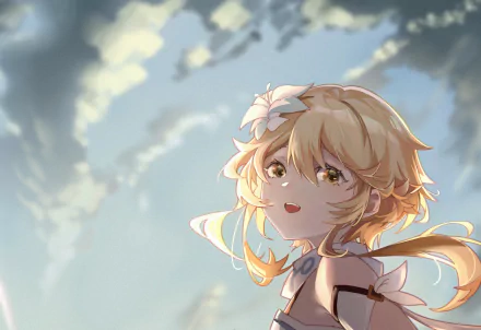 Lumine from Genshin Impact is depicted in a bright, detailed 4K Ultra HD PC desktop wallpaper with soft clouds and sunlight in the background.