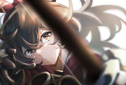 HD desktop wallpaper featuring Amber from the video game Genshin Impact, showing an intense close-up of Amber with her bow.