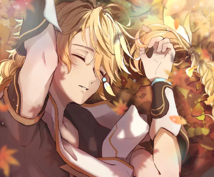 HD PC desktop wallpaper featuring Aether from the video game Genshin Impact, with warm autumn tones and detailed character art.