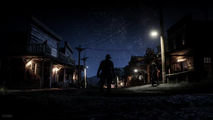 A 4K Ultra HD PC desktop wallpaper featuring a nighttime scene from Red Dead Redemption 2, showcasing a lone cowboy silhouetted in a dimly lit frontier town under a starry sky.