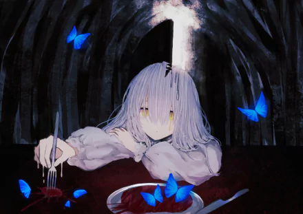 HD anime desktop wallpaper featuring a girl with long silver hair and yellow eyes, surrounded by glowing blue butterflies in a dark, mysterious setting.