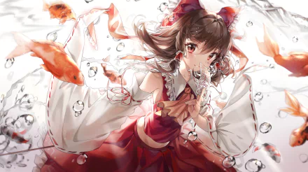 Reimu Hakurei from Touhou anime depicted in vibrant 8K Ultra HD, surrounded by goldfish and bubbles in a dynamic underwater scene for a PC desktop wallpaper.