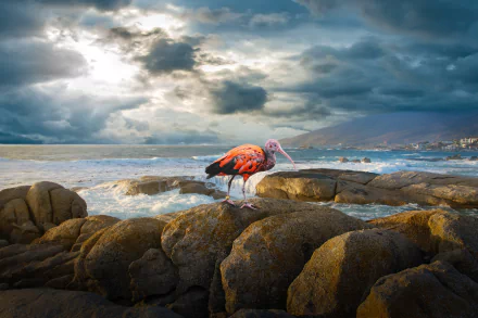 Scarlet Ibis perched on rocky shore with dramatic clouds over the sea, captured in stunning 8K Ultra HD for a vivid PC desktop background.