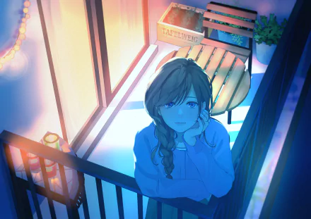 Anime girl with braided hair stands on a balcony at night, illuminated by warm and cool lights in this 4K Ultra HD PC desktop wallpaper and background.