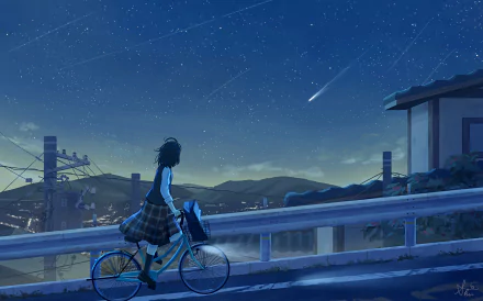 Anime-style HD desktop wallpaper featuring a girl riding a bike under a starry sky with a shooting star, set against a serene night landscape.