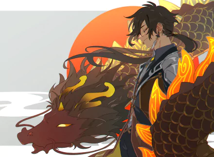 HD PC wallpaper featuring Zhongli, also known as Rex Lapis, from the video game Genshin Impact, with intricate dragon-themed artwork and warm tones.