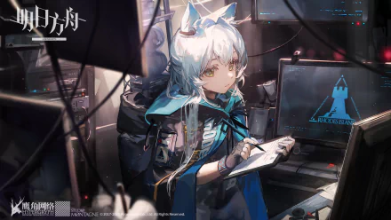 HD PC desktop wallpaper featuring Rosmontis from Arknights with white hair and animal ears, set in a detailed, futuristic environment.