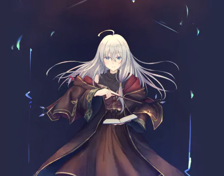 Elaina from Wandering Witch: The Journey of Elaina, depicted in detailed anime style against a dark background, rendered in 4K Ultra HD for PC desktop.